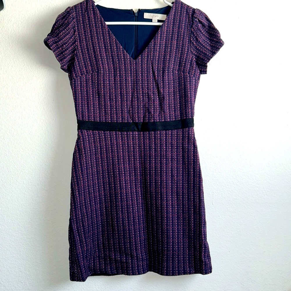 LOFT Dress Purple Multi Tweed Short Puffed Sleeve Size 2